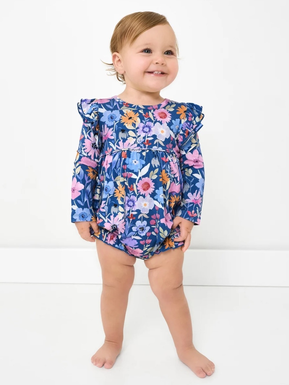 Little Sleepies Blue Floral Bubble Romper with Ruffles